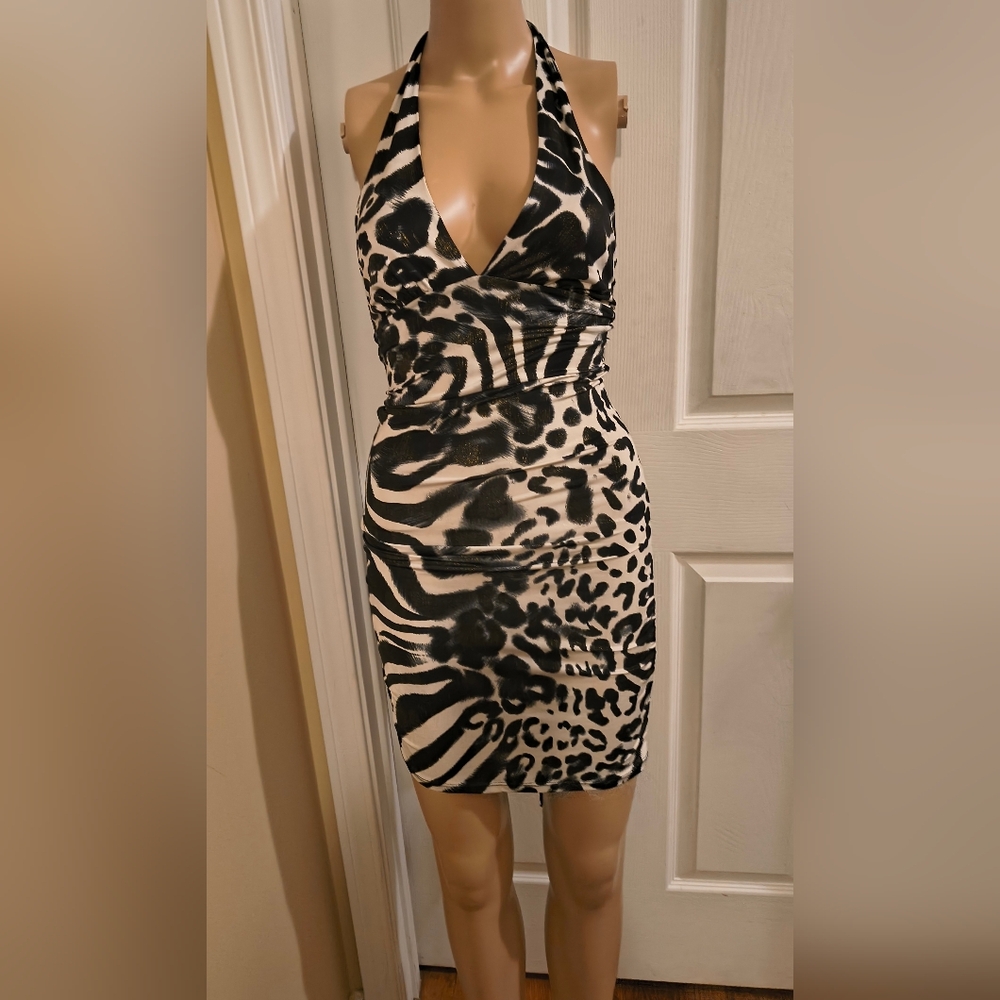 Black & White Animal Print Halter Bodycon Dress S